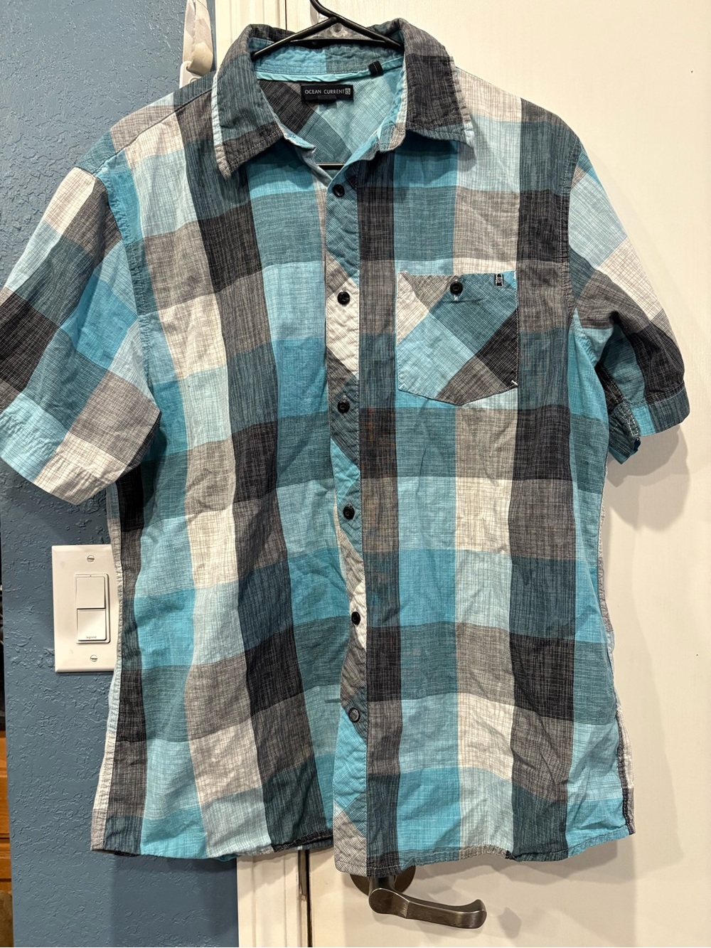 Ocean Current Men's Short-Sleeve Plaid Button-Up Shirt - Blue, Gray, White 100%